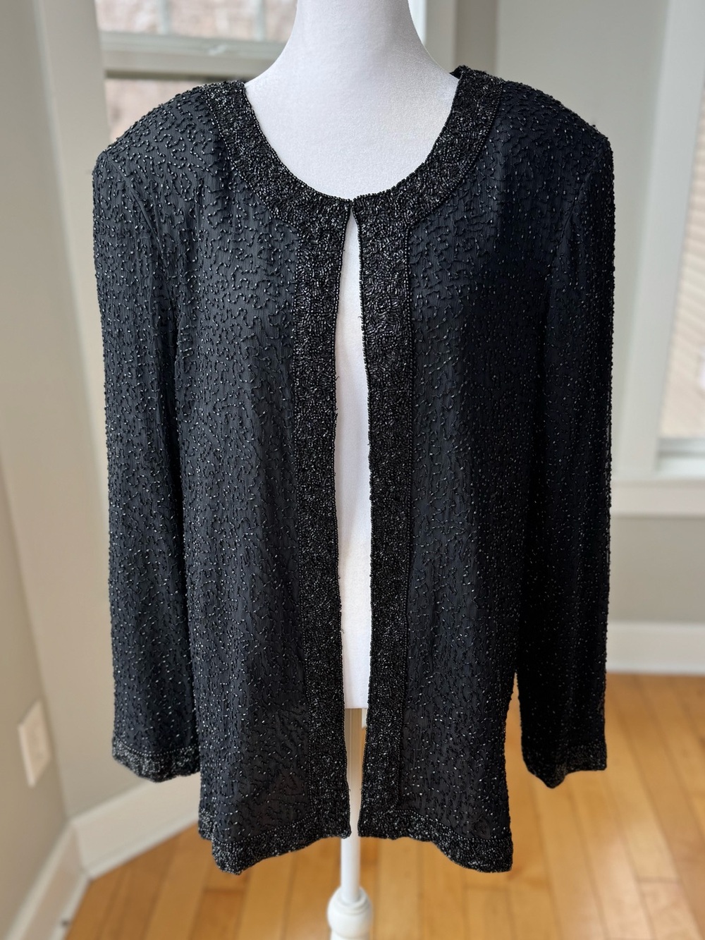 Vintage Stenay Black Silk Fully Beaded Open Front Jacket Size XL
